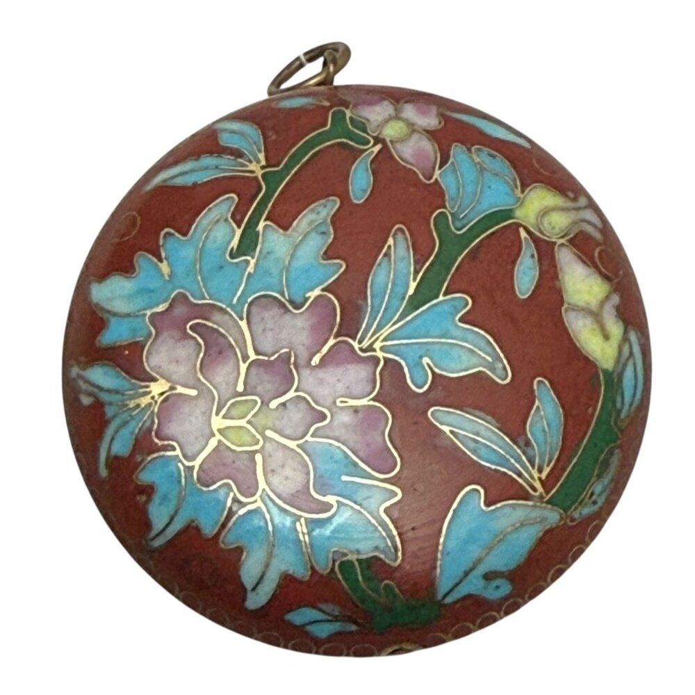 Vintage Cloisonne Pendant Round Red Chrysanthemum Floral Gold Tone 1.5" - Picture 2 of 6